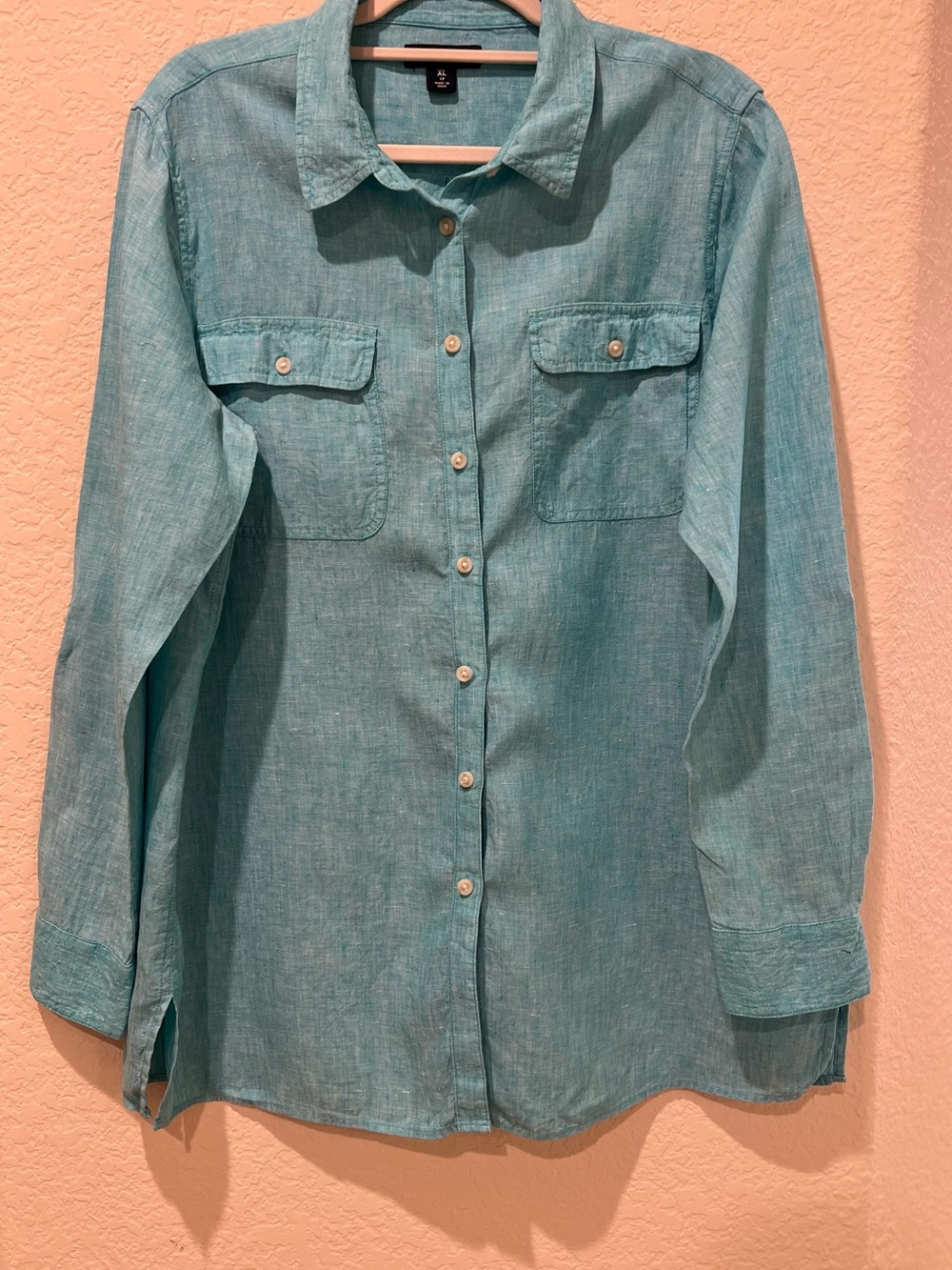 Lands’ End 100% Linen Button Front Blouse Aqua Blue | Women’s XL (18) Regular